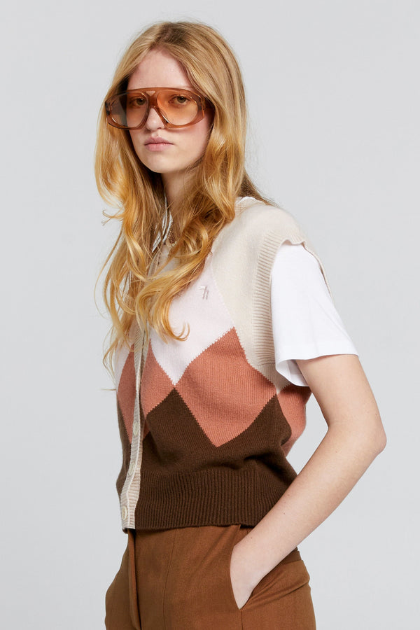 Mina Button Up Cashmere Vest | Autumn Argyle